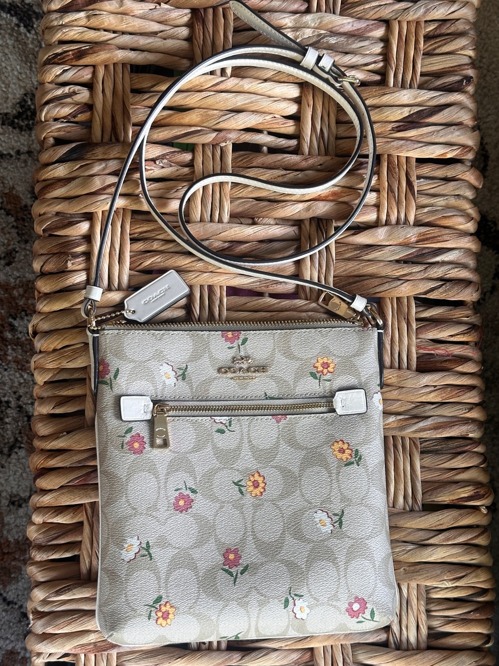Coach Mini Rowan File Bag - Khaki Ditsy Floral Canvas Crossbody EUC